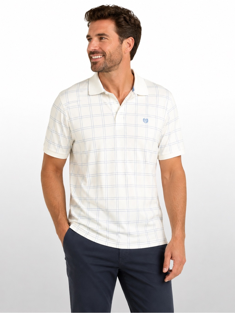 Vintage Chaps Polo Shirt Large White Blue Windowpane Plaid Cotton Golf Classic